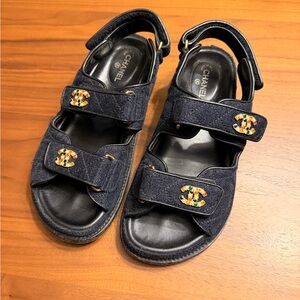 CHANEL Navy Sandals with Gold Details